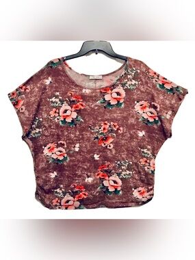 Rue Juju Womens 3X Sable Brown Peony Print Ruched Sides Short Sleeve Sweater